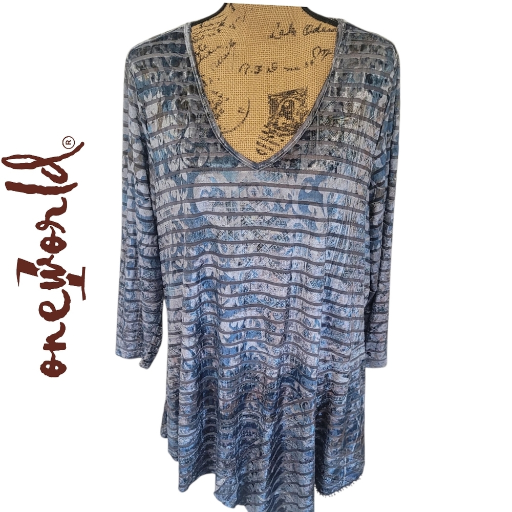 ONE WORLD Women's Striped Blue Long Sleeve Top